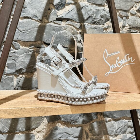 Christian Louboutin Shoes - Christian Louboutin White Leather Studded Pyraclou Wedge 110 Sandals